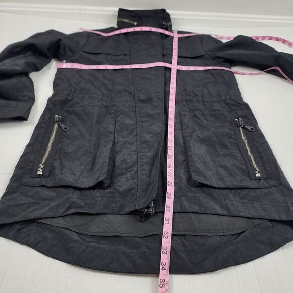 Black Hooded Trench Coat Lightweight Zip up Jacket Windbreaker Roll-tab Sleeve - Picture 8 of 16